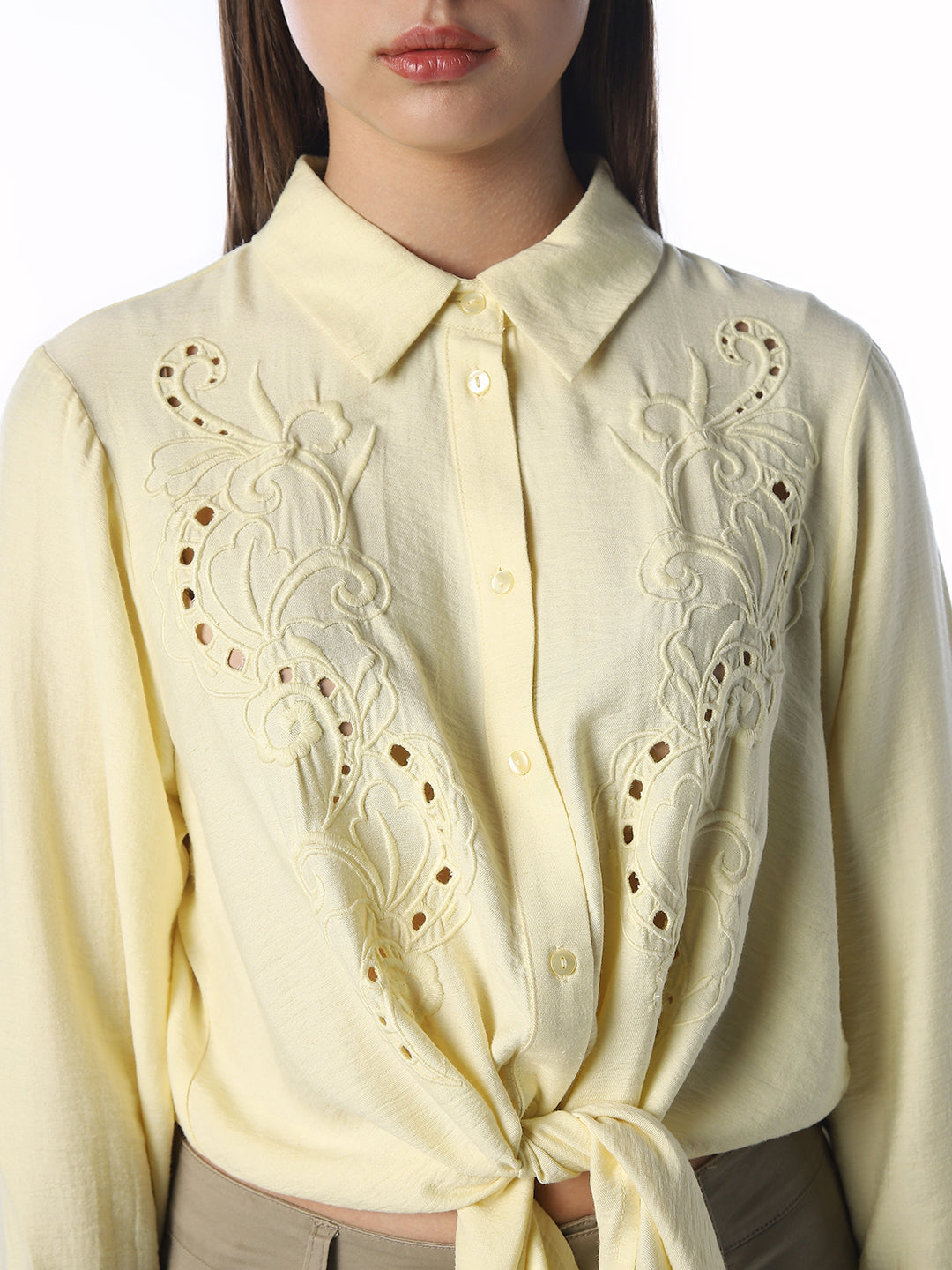 Embroidered Cropped Tie Shirt
