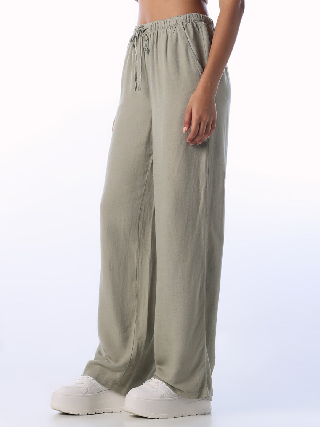 Linen Blend Loose Fit Pants - Light Green