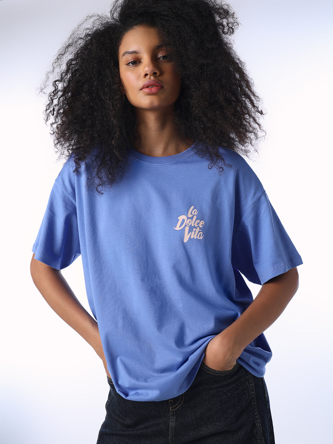Organic Cotton Printed Oversized T-shirt - Blue - S