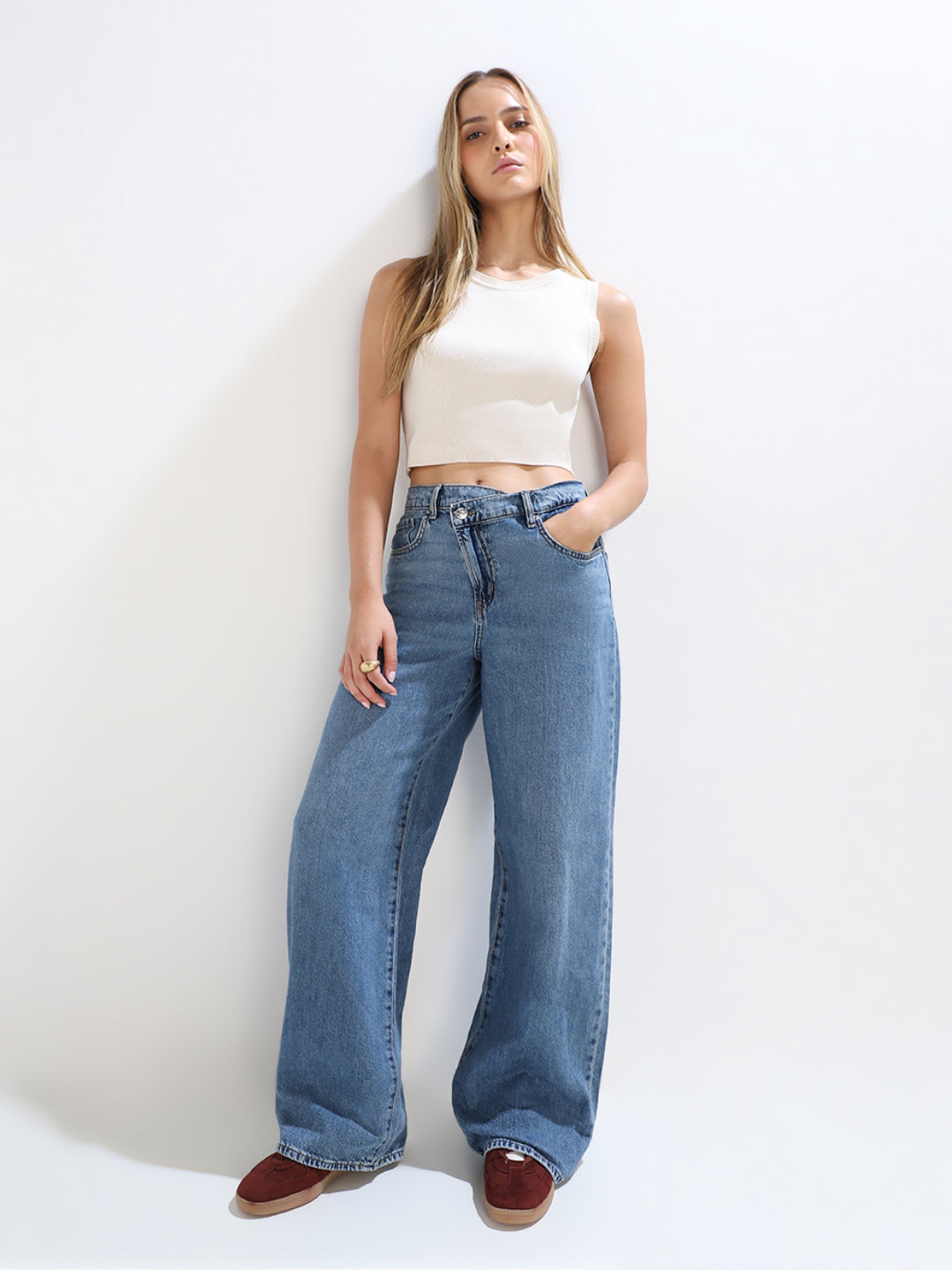 Blue Uneven Closure Wide Leg Jeans
