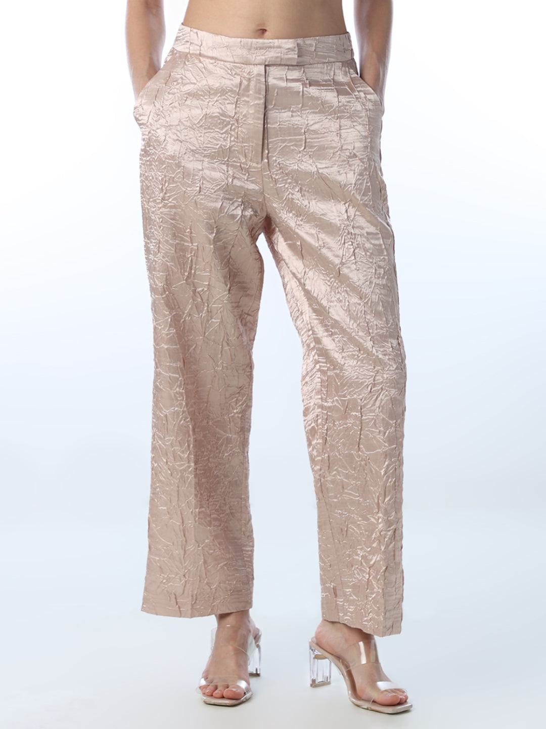 Crinkled Satin Straight Pants