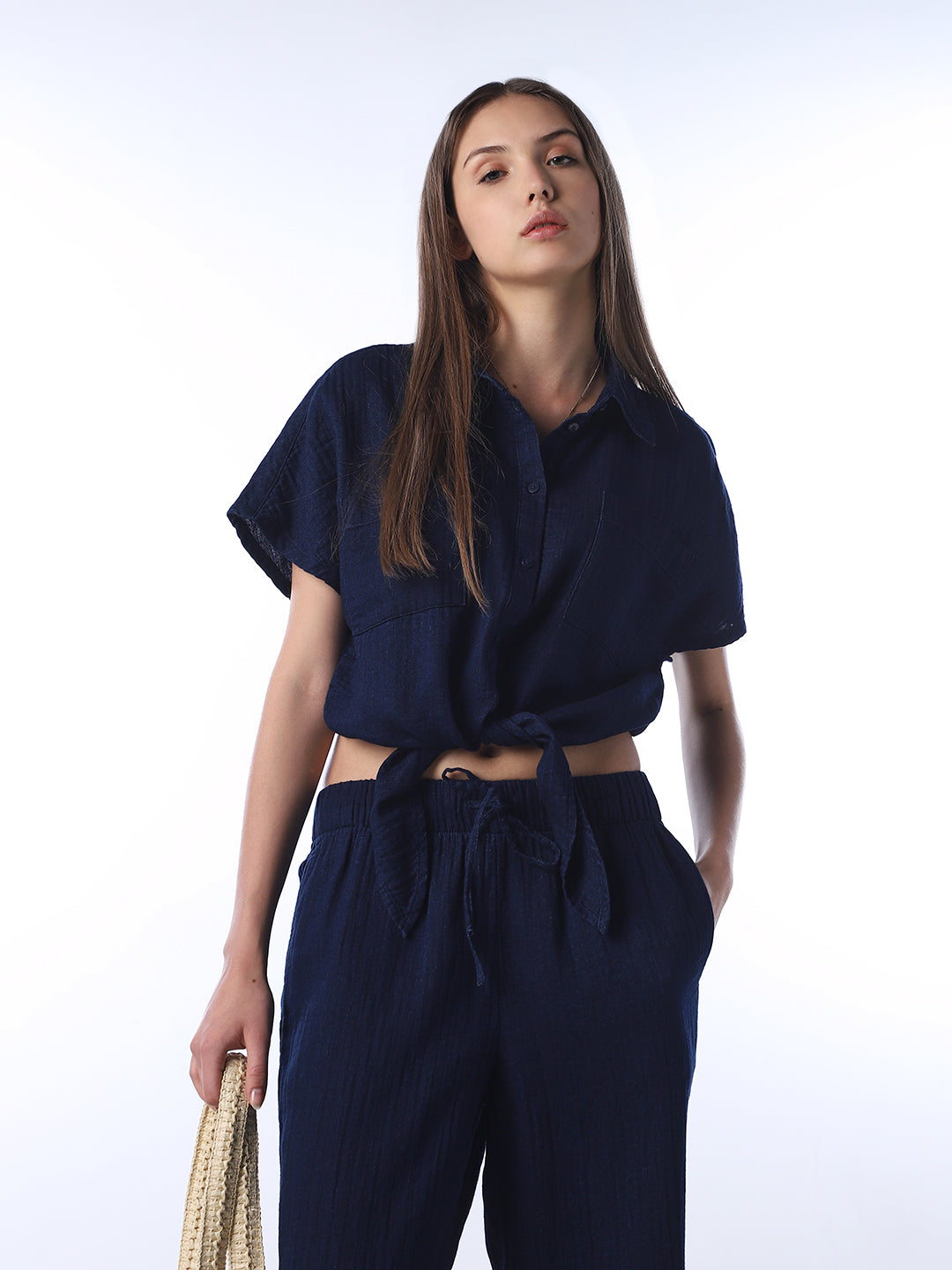 Seersucker Cap Knot Detail Shirt - XS