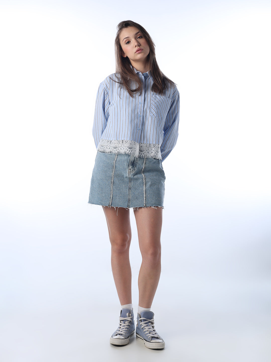 Striped Lace Hem Cropped Shirt
