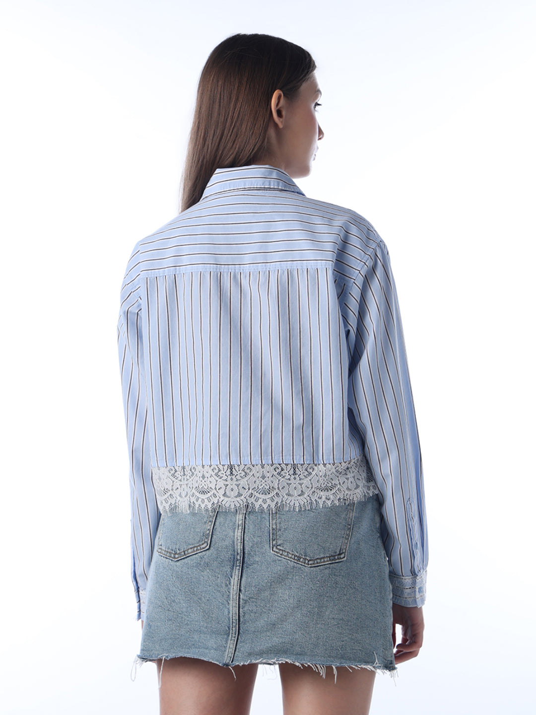 Striped Lace Hem Cropped Shirt