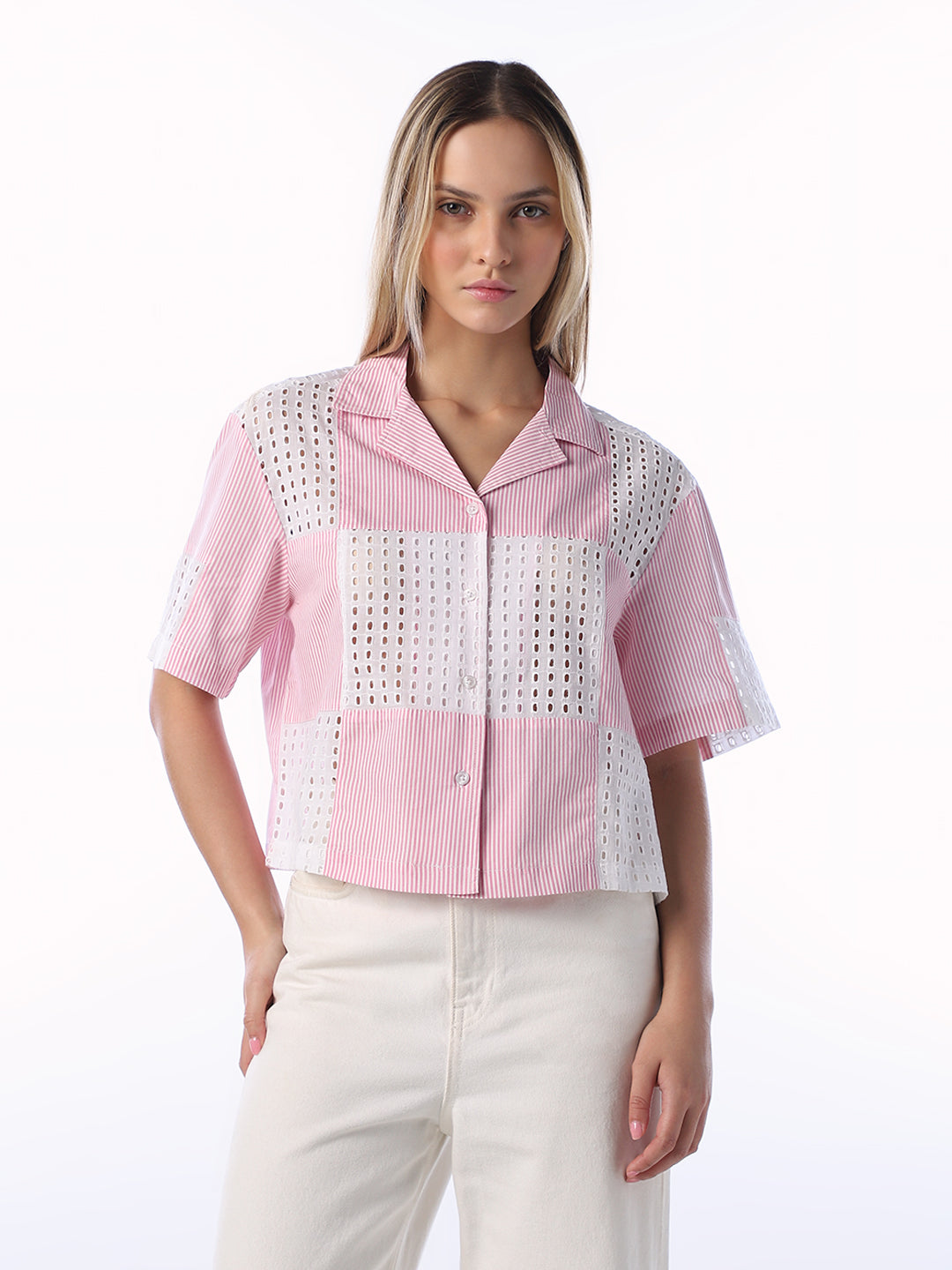 Pink Cut-Work Cotton Shirt