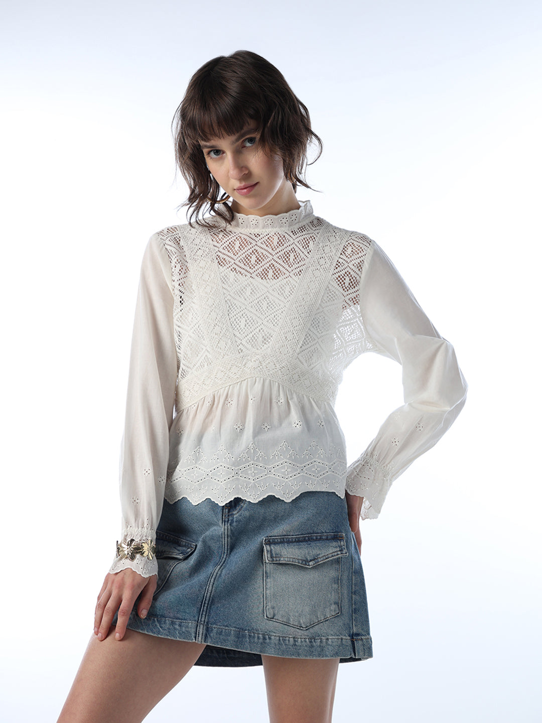 Lace Peplum Mesh Top