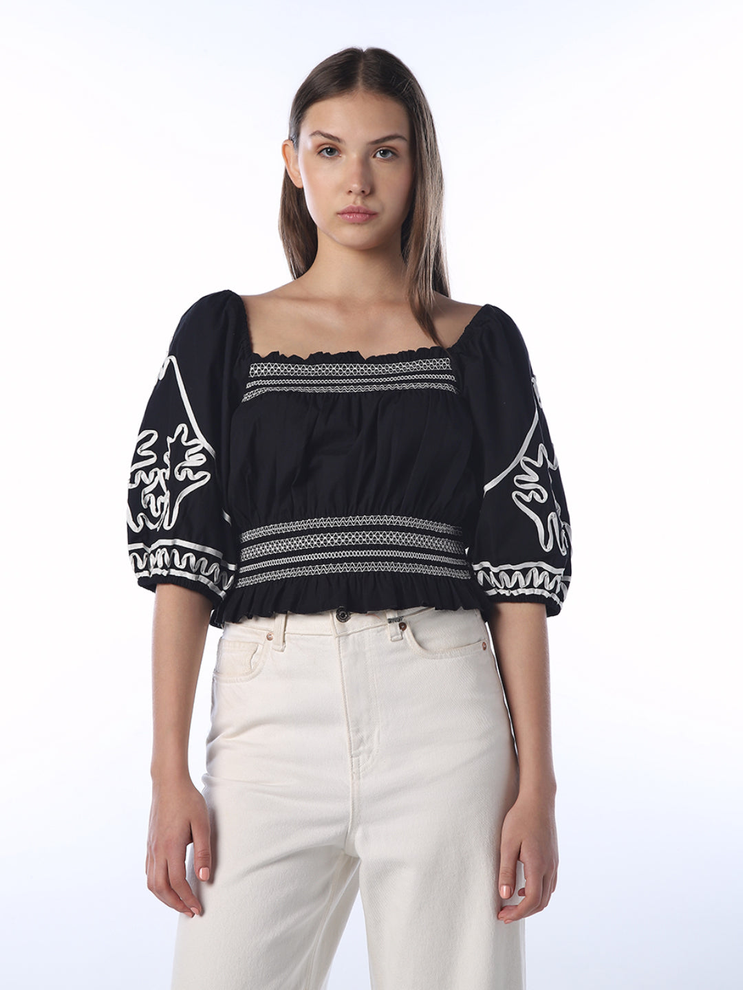 Smocked Waist Puffed Sleeve Top