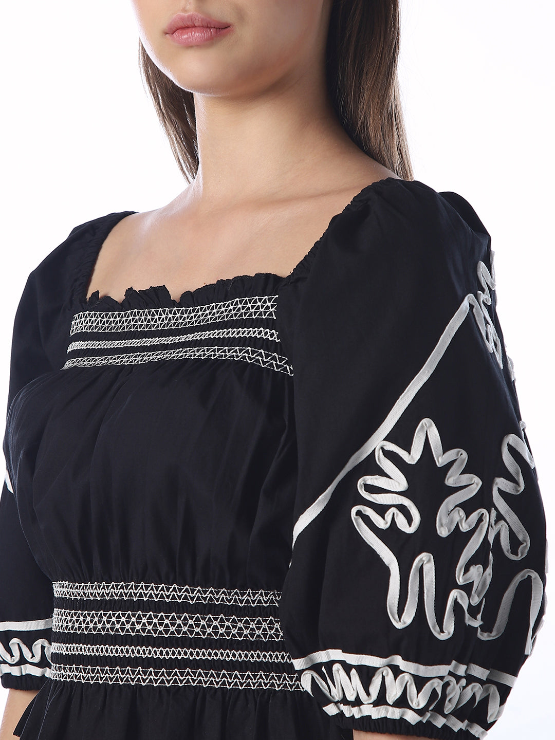 Smocked Waist Puffed Sleeve Top