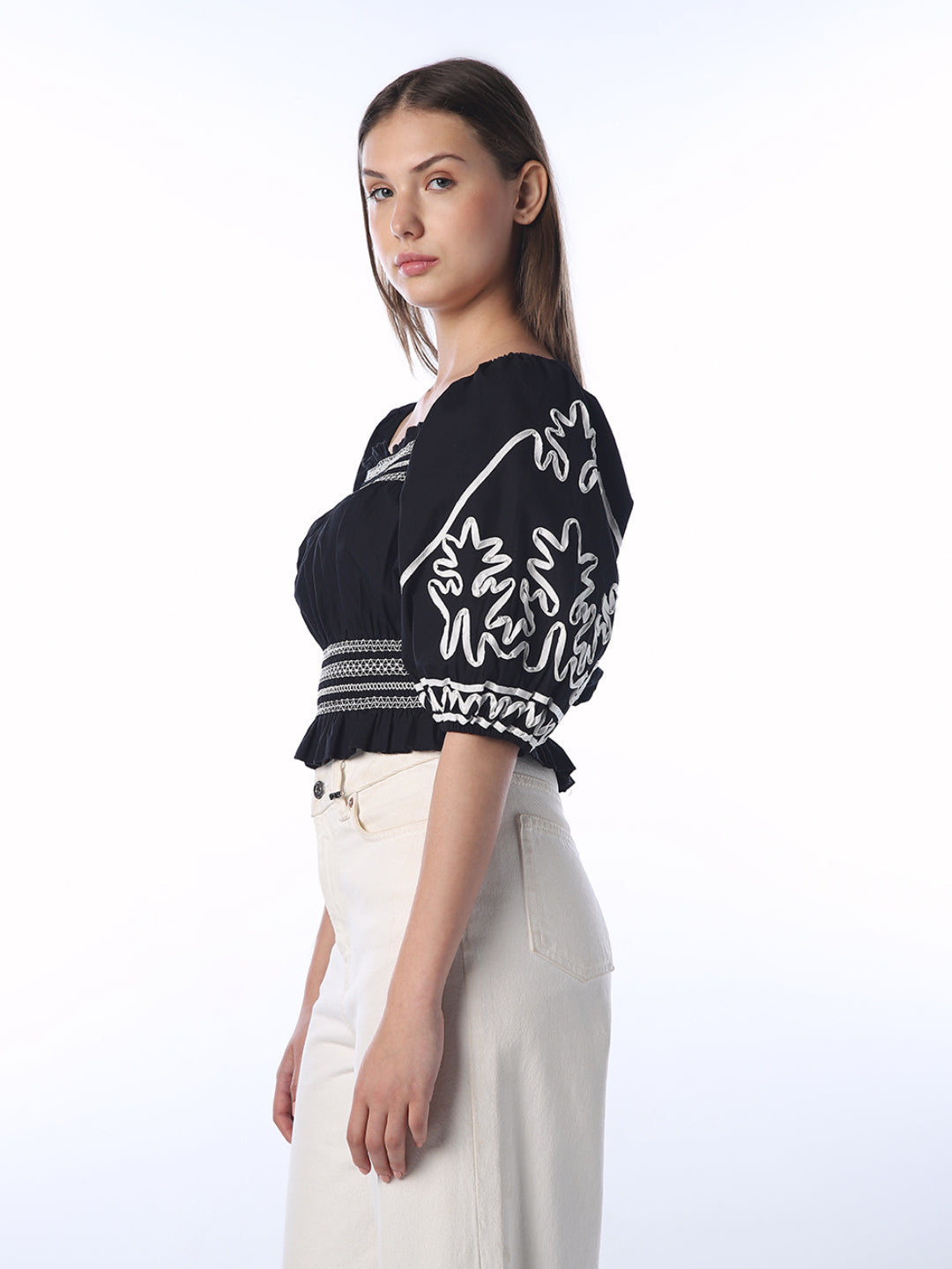 Smocked Waist Puffed Sleeve Top