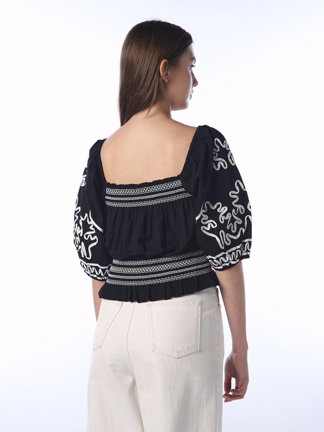 Smocked Waist Puffed Sleeve Top