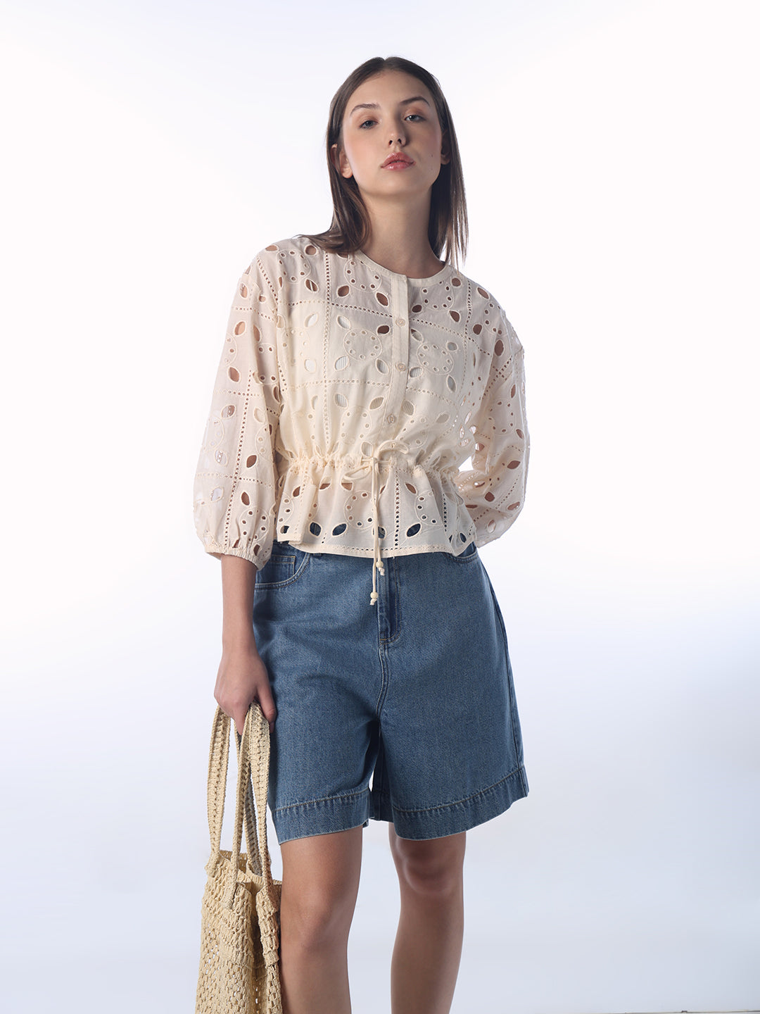 Cut-Work Tie Waist Top