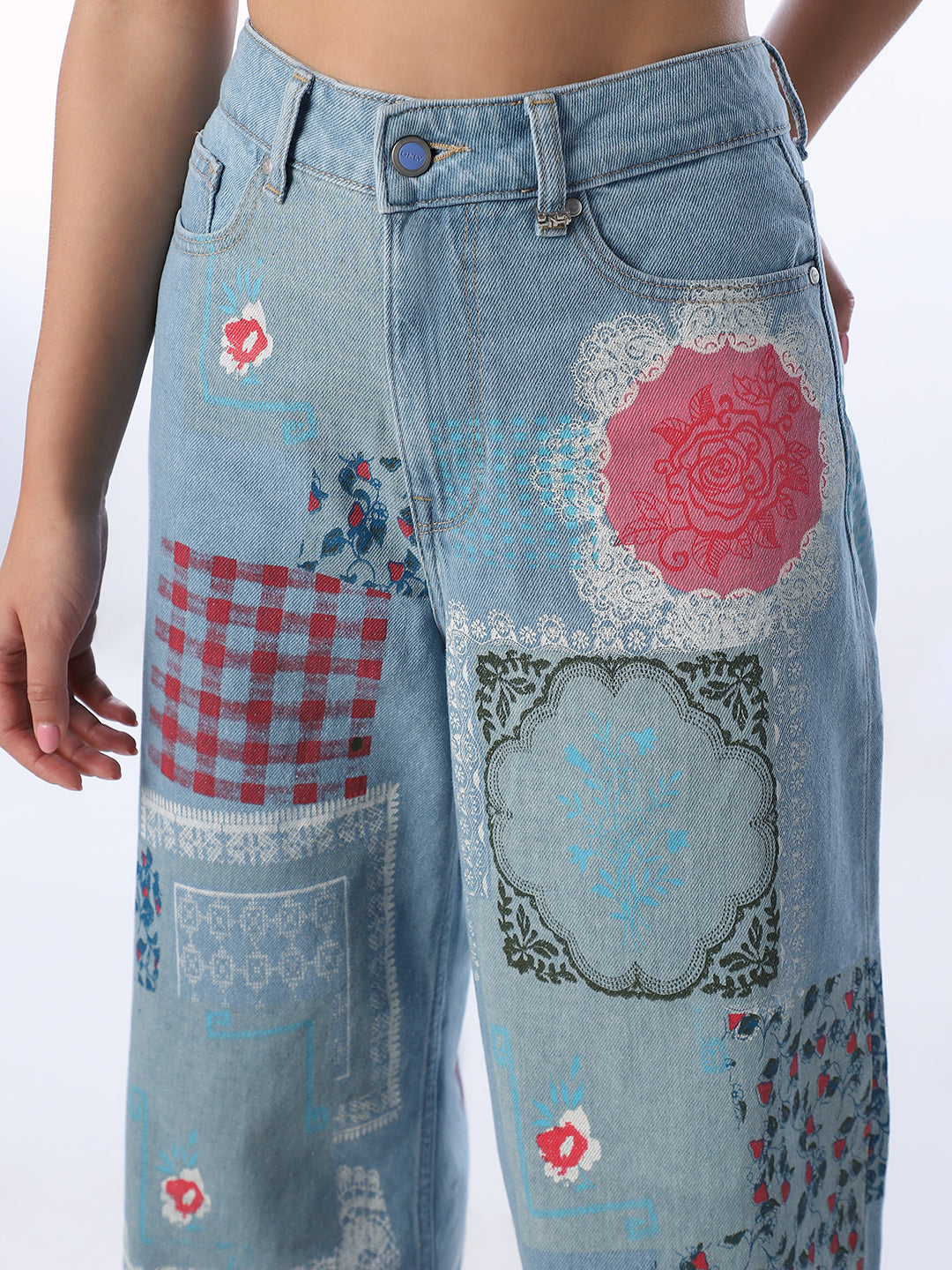 Patchwork Print Wide Leg Jeans