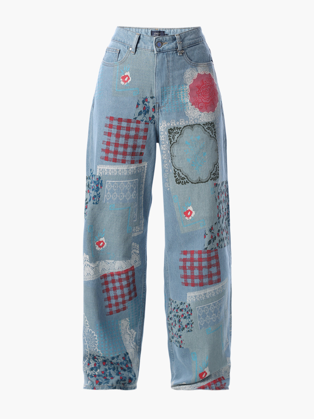 Patchwork Print Wide Leg Jeans