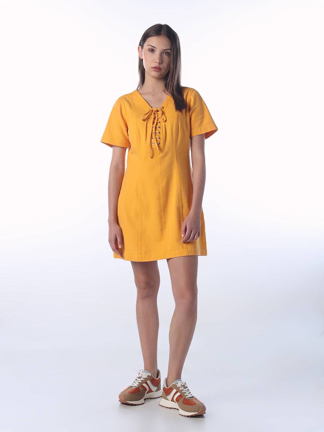 Lace-Up V-Neck Mini Dress