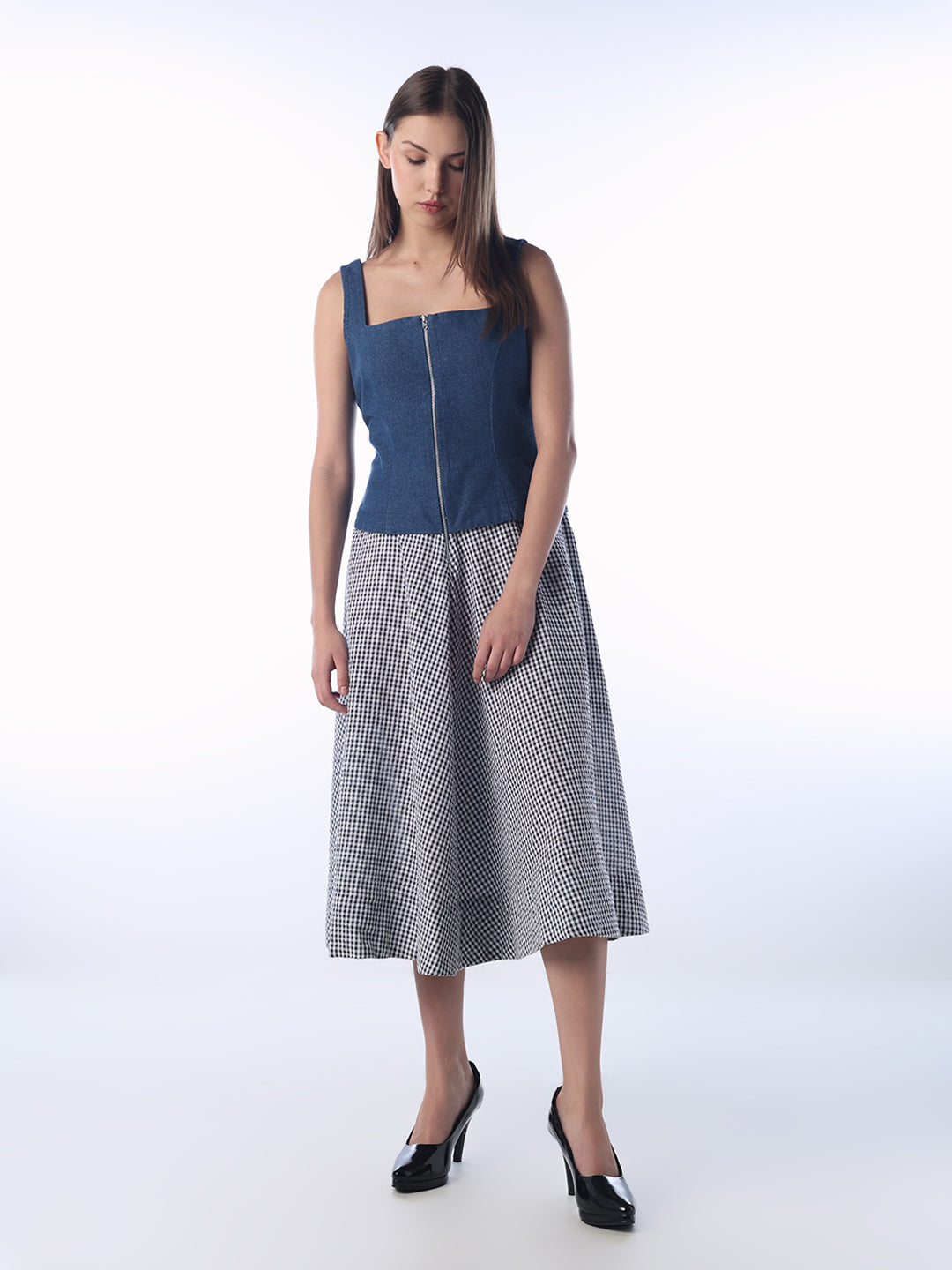 Gingham Denim Midi Dress