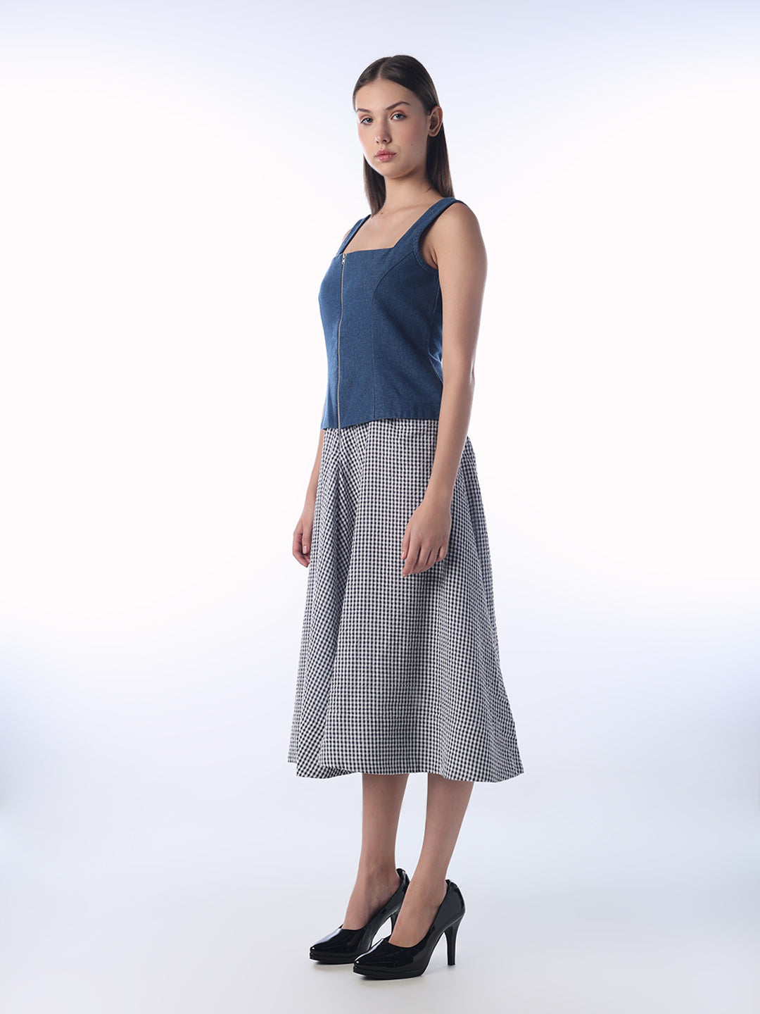 Gingham Denim Midi Dress