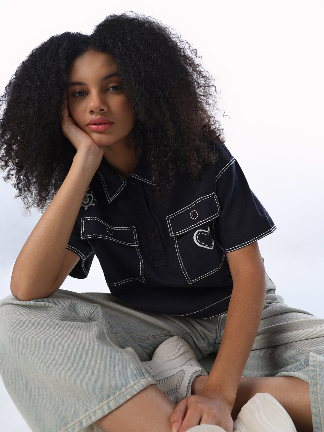 Embroidered Cropped Boxy Fit Shirt