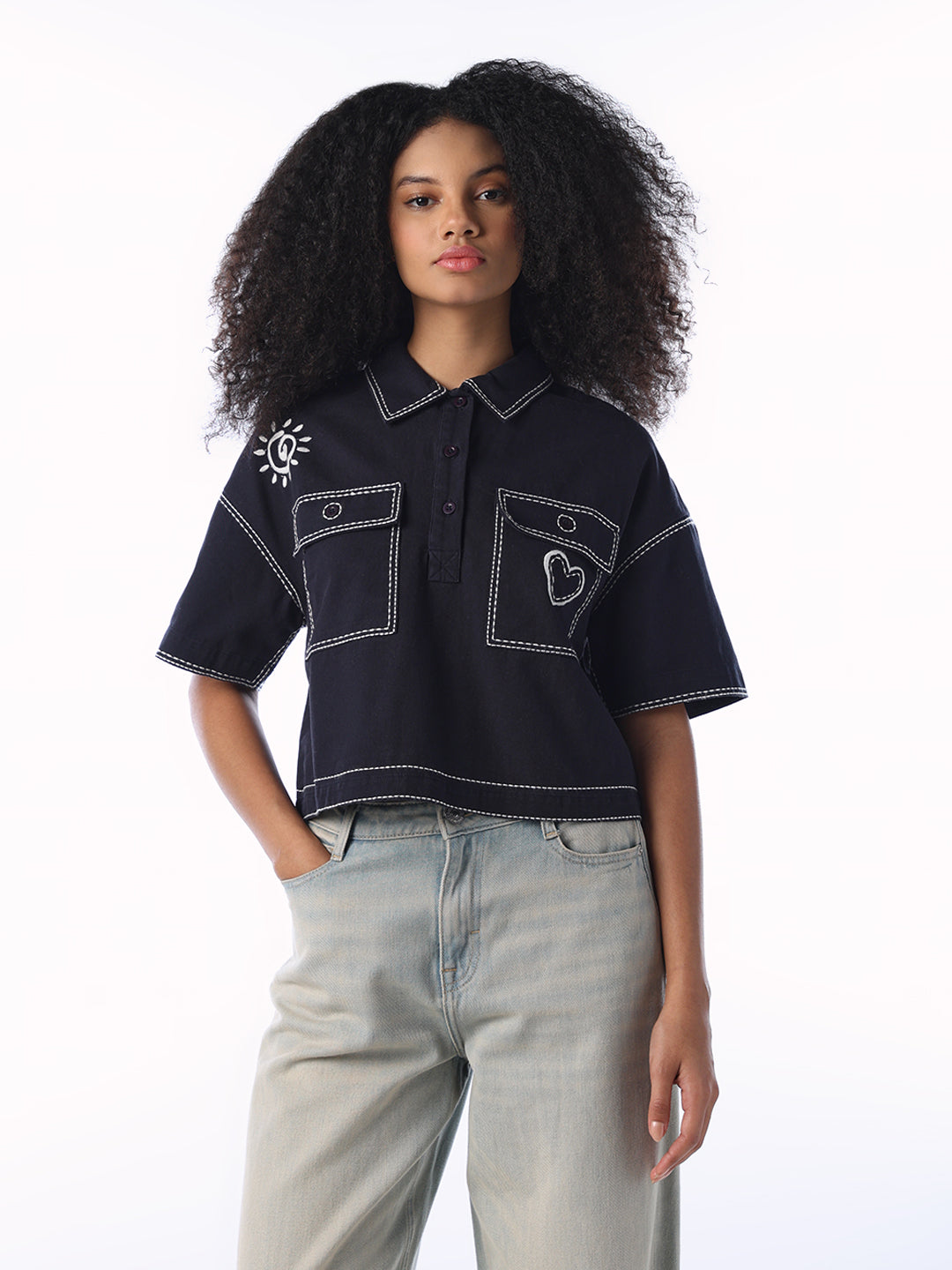 Embroidered Cropped Boxy Fit Shirt