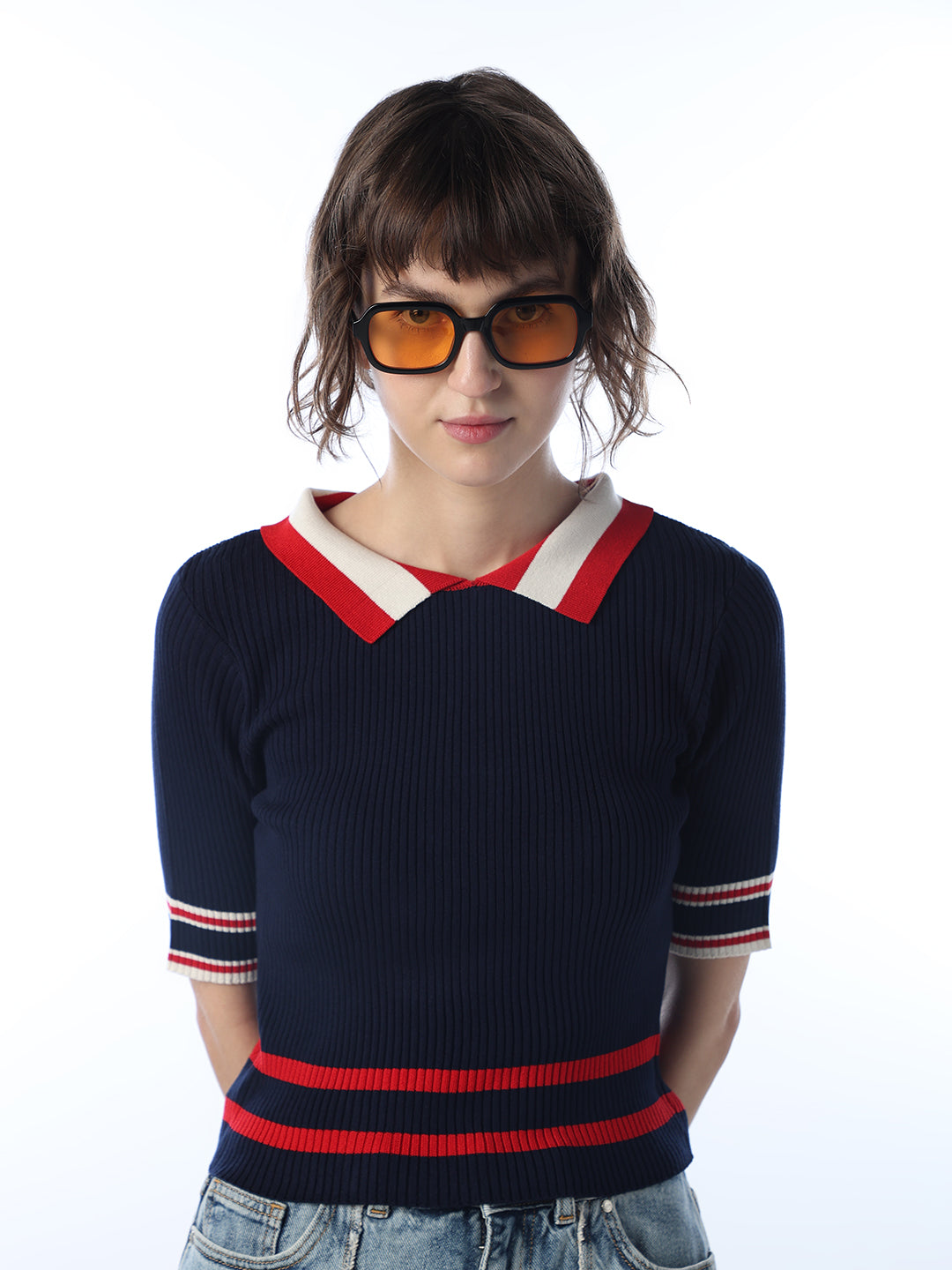 Fitted Collared Knit T-shirt - XS
