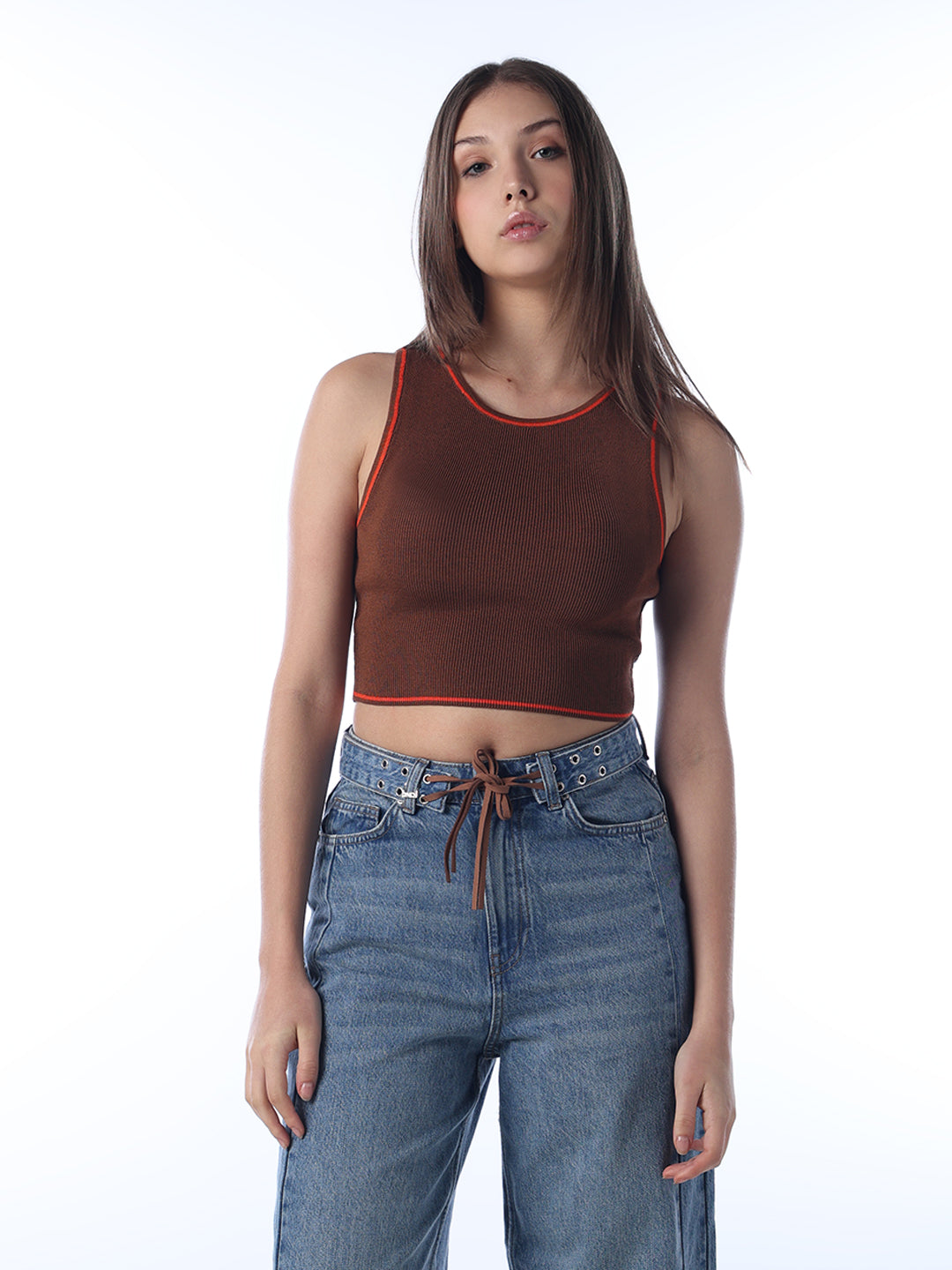 Ribbed Contrast Trim Top