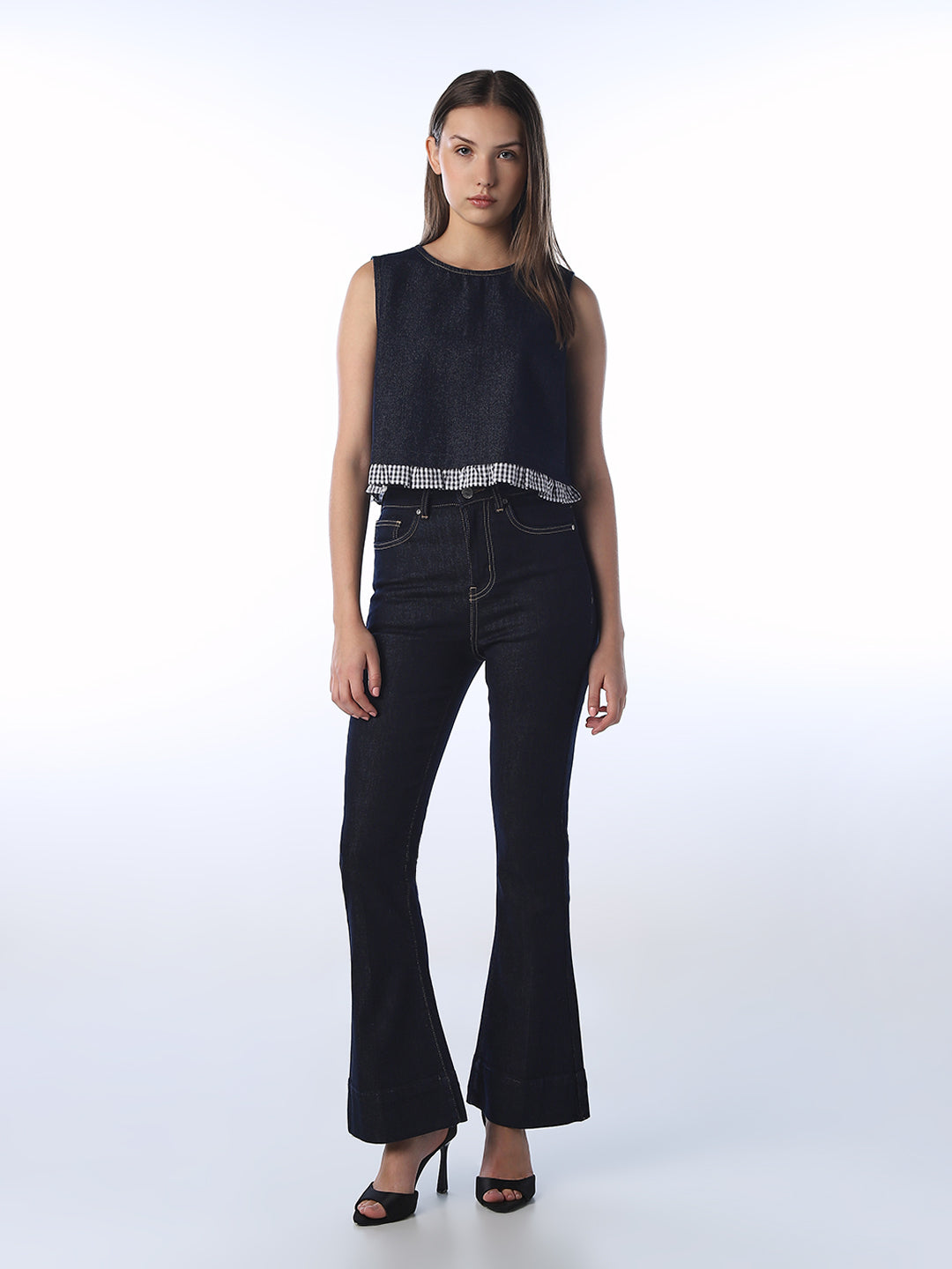 Cropped Gingham Trim Denim Top