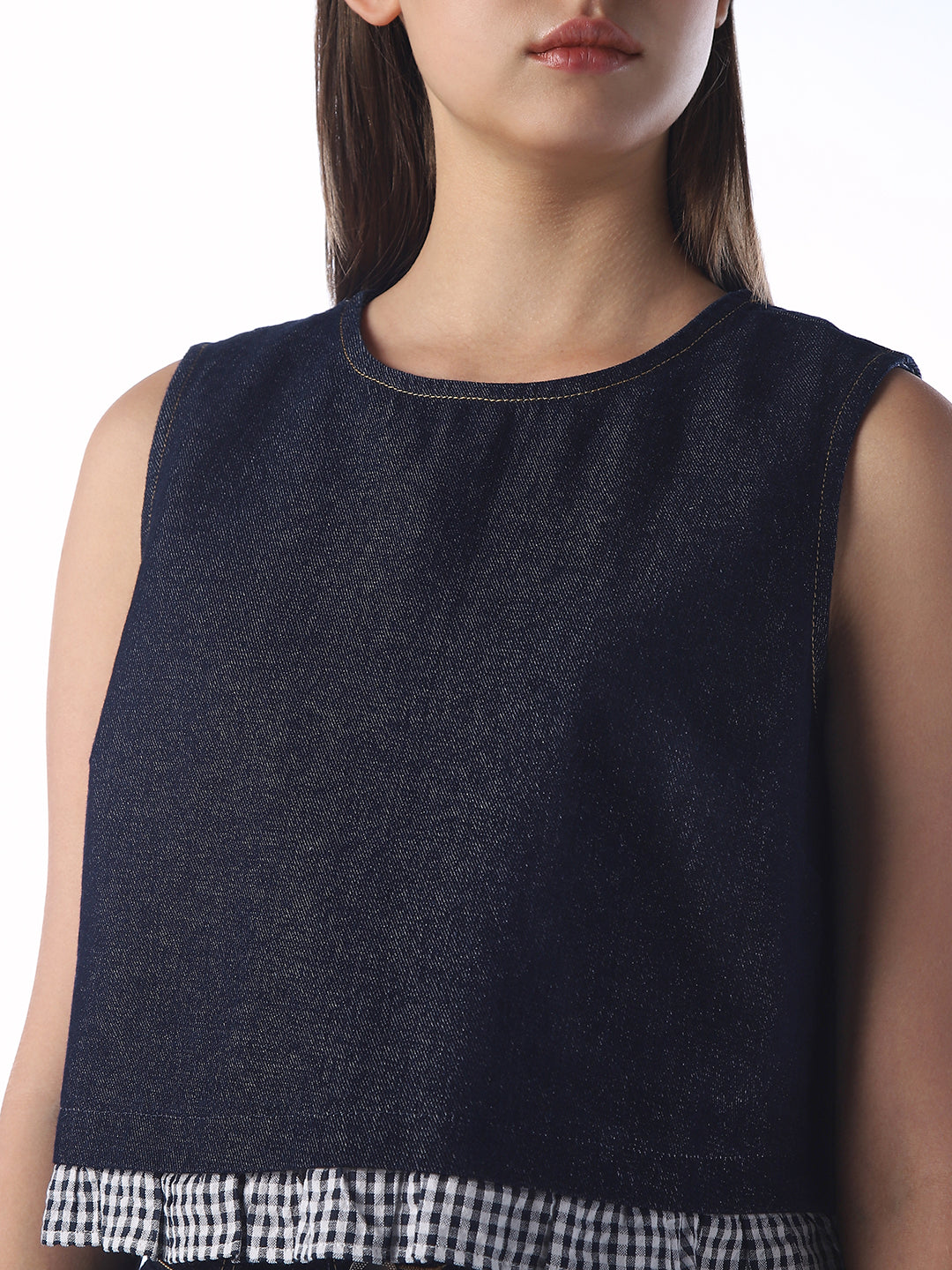 Cropped Gingham Trim Denim Top