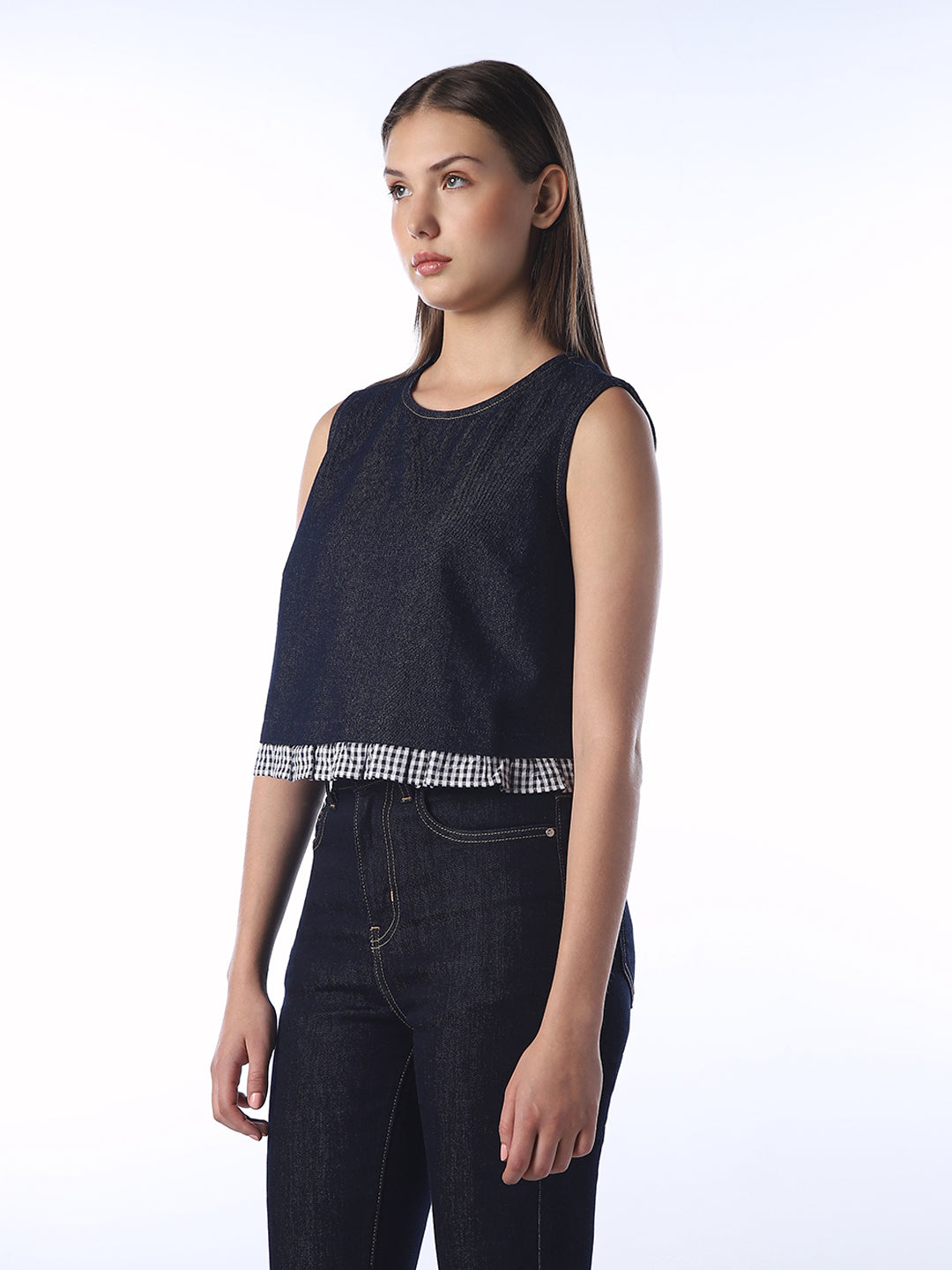 Cropped Gingham Trim Denim Top