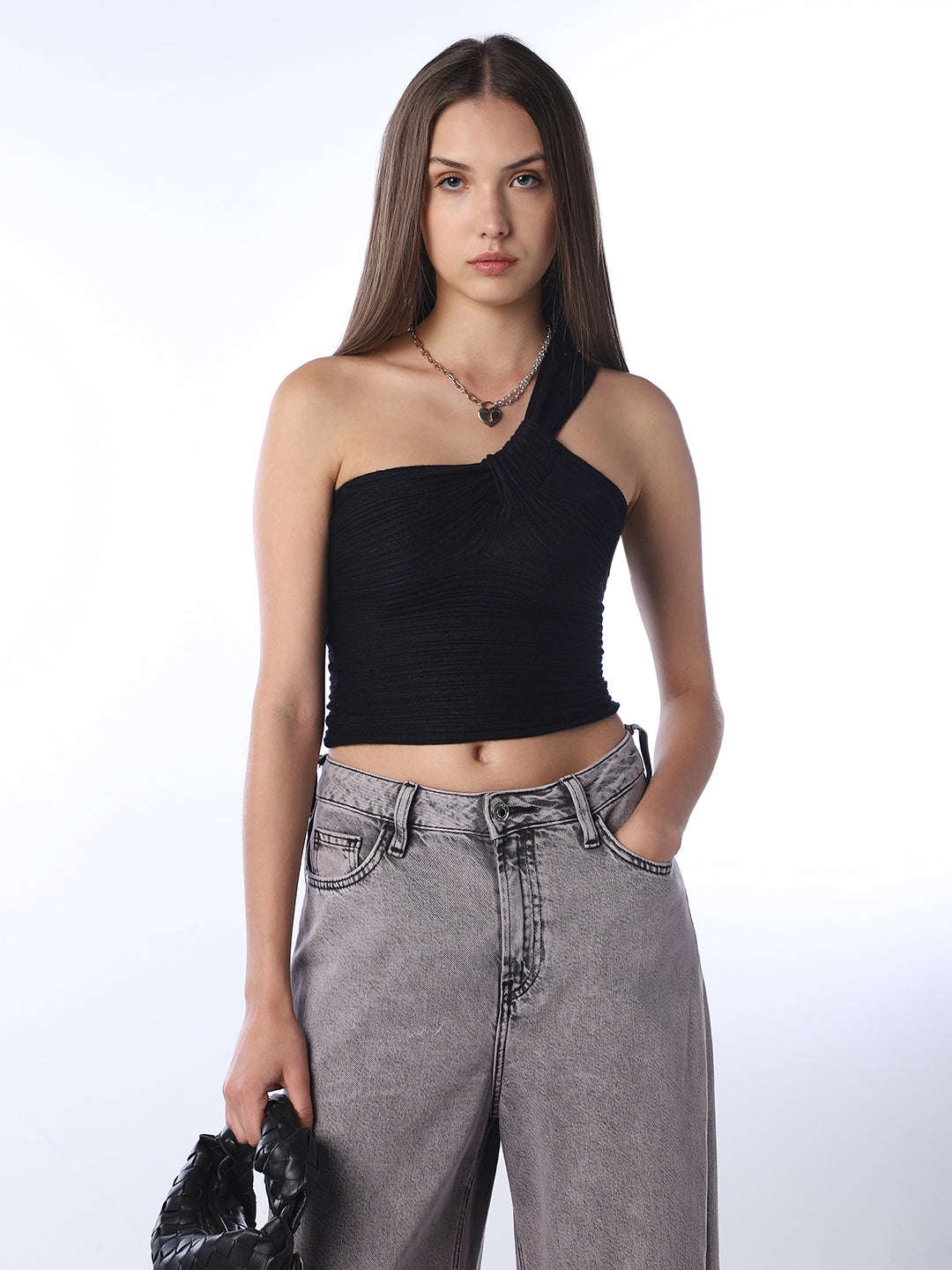 Black One Shoulder Crop Top