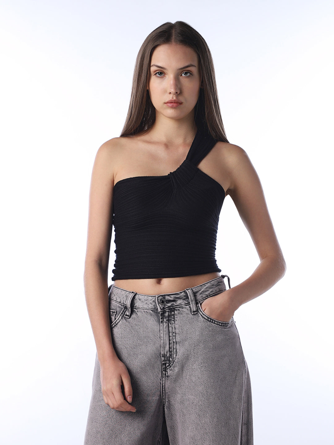Black One Shoulder Crop Top