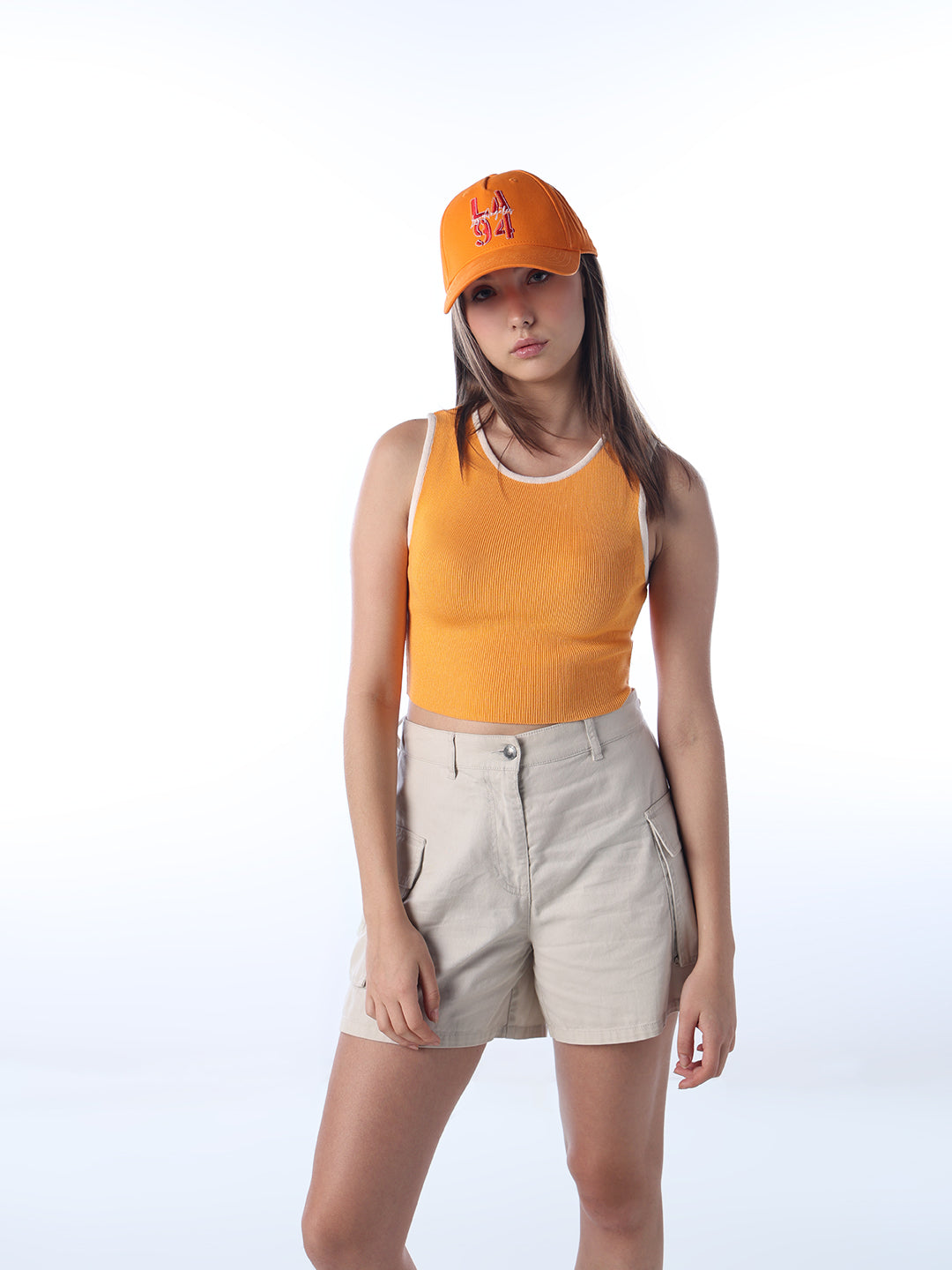 Ribbed Contrast Trim Top - Orange