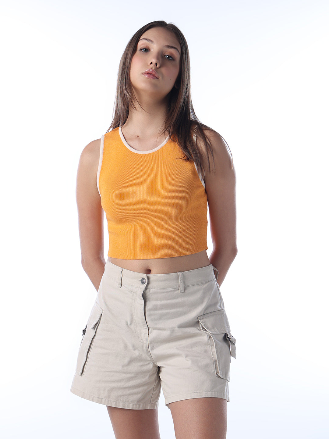 Ribbed Contrast Trim Top - Orange