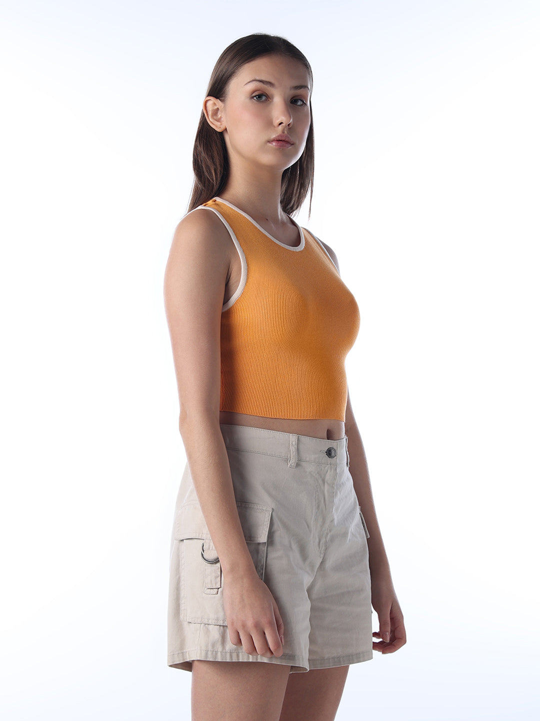 Ribbed Contrast Trim Top - Orange