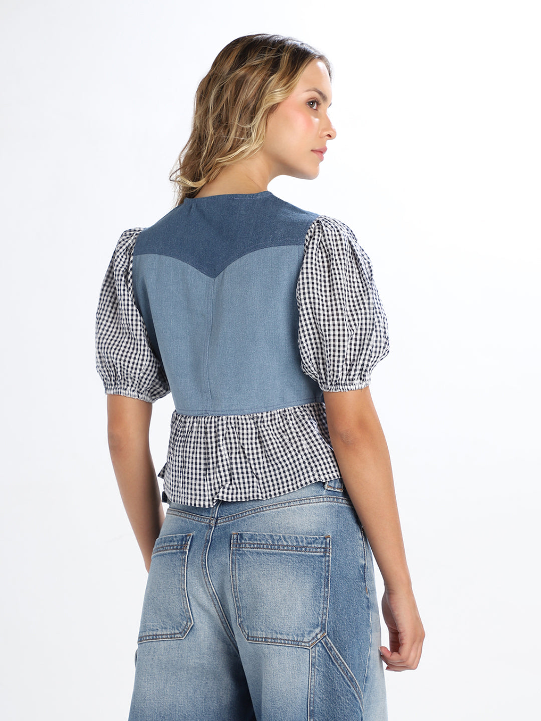 Denim Check Peplum Top