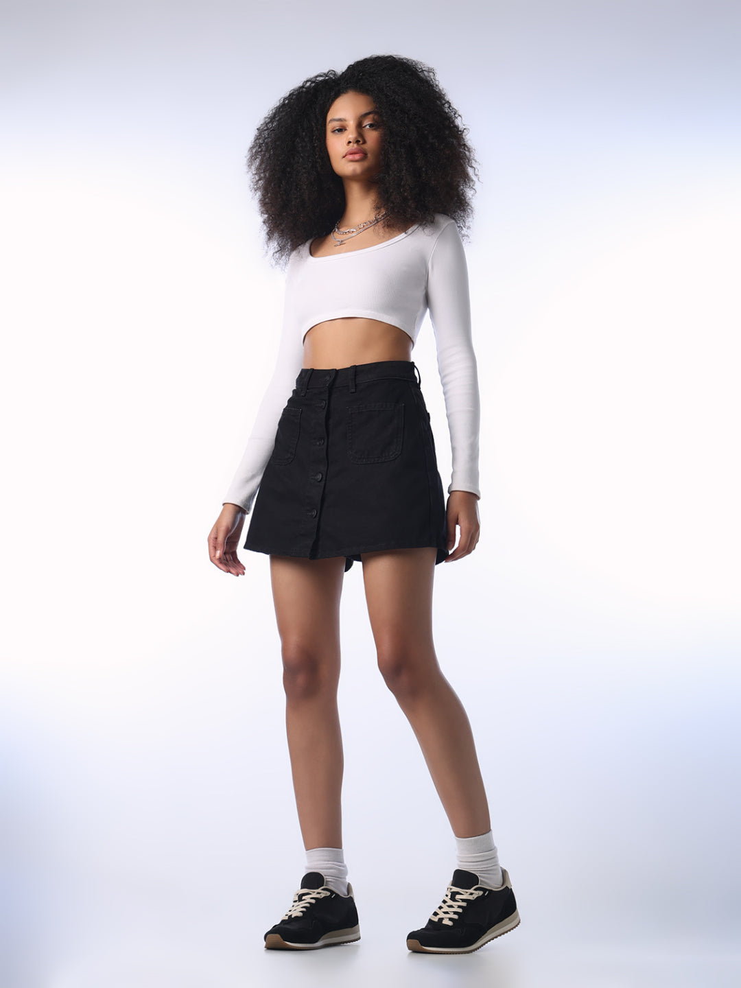 Black Buttoned Denim Skort