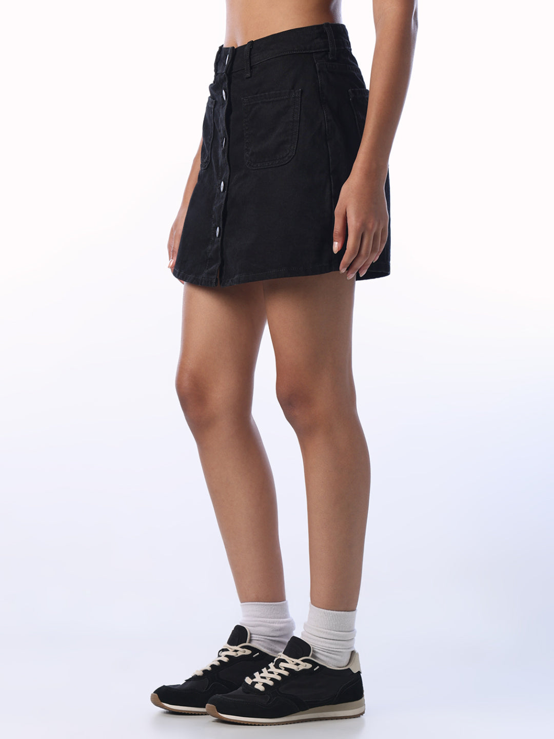 Black Buttoned Denim Skort