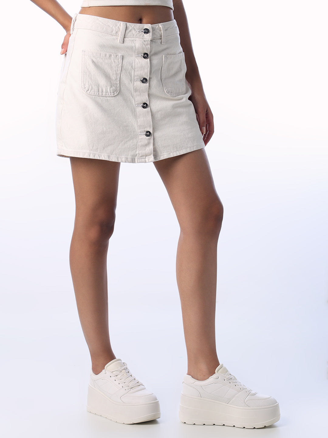 Ecru Buttoned Denim Skort