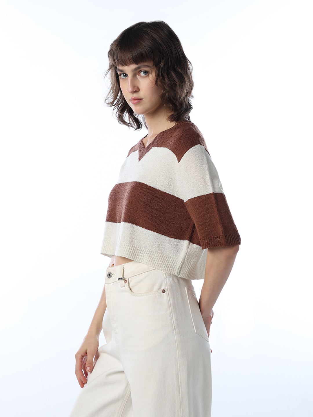 Colourblocked Cropped Knit T-shirt