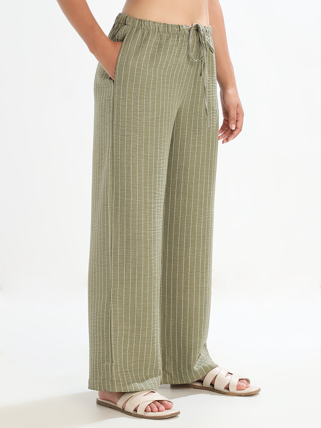 Green Striped Wide Leg Pants