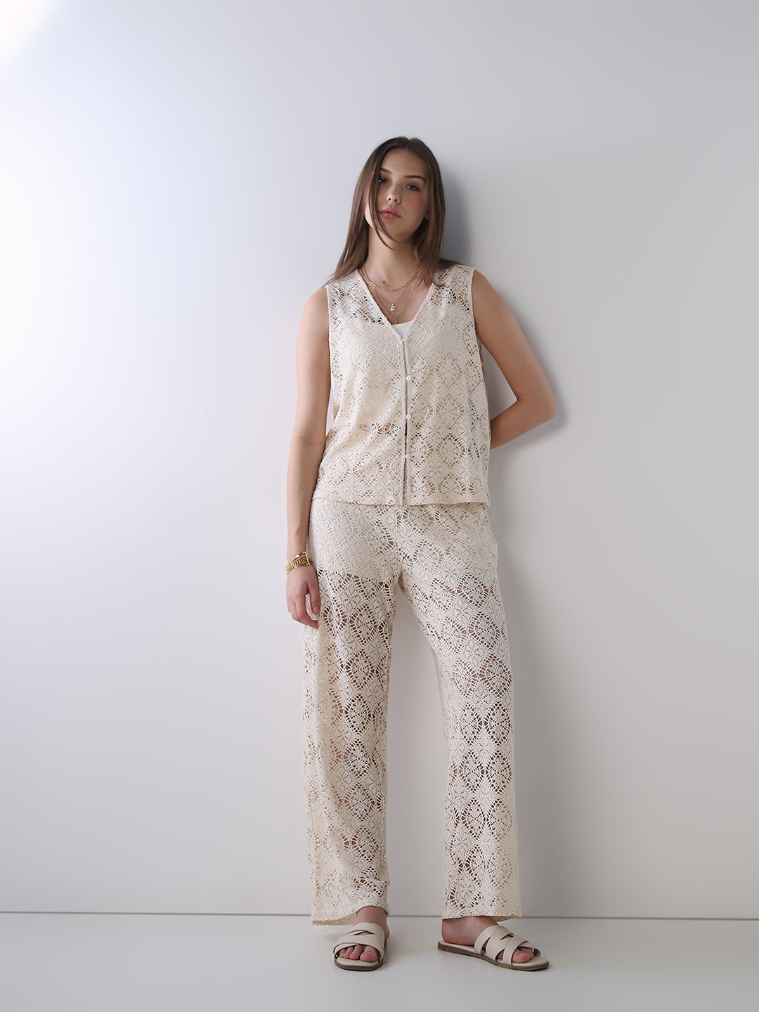 Beige Lace Straight Fit Pants