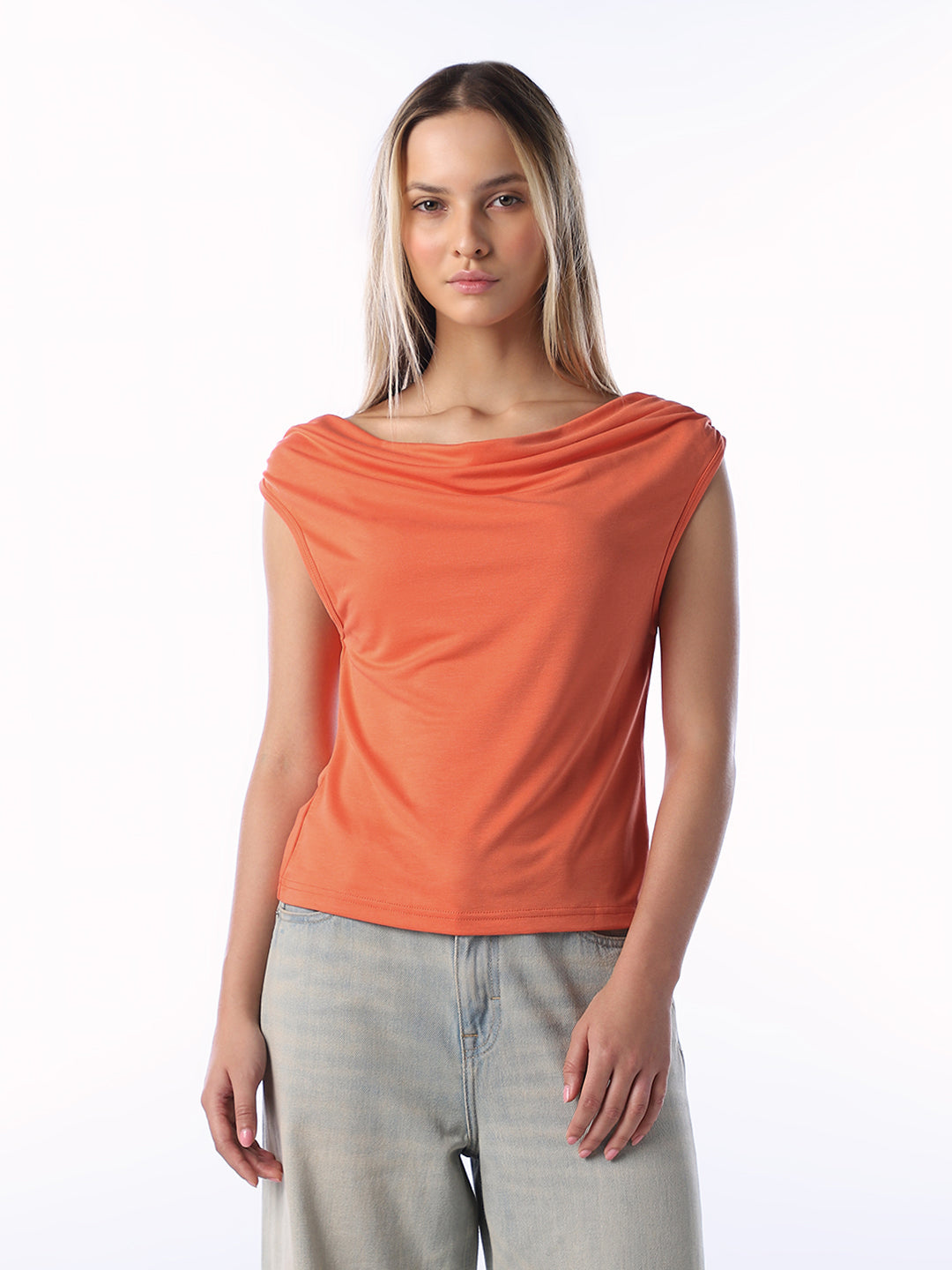 Orange Waterfall Neck Top