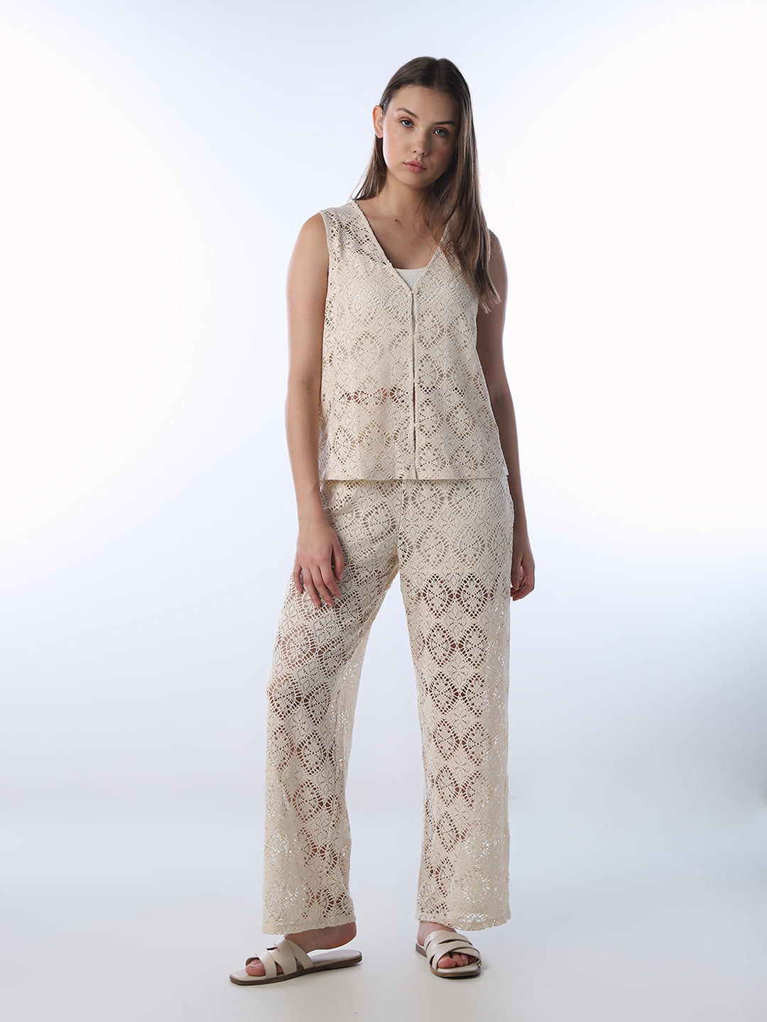 Beige V-Neck Lace Top