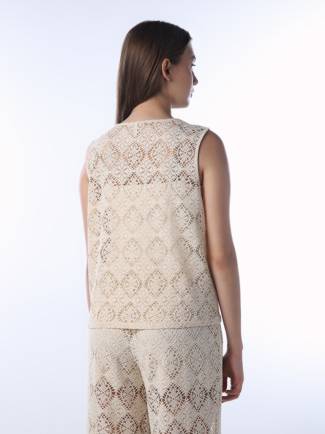 Beige V-Neck Lace Top