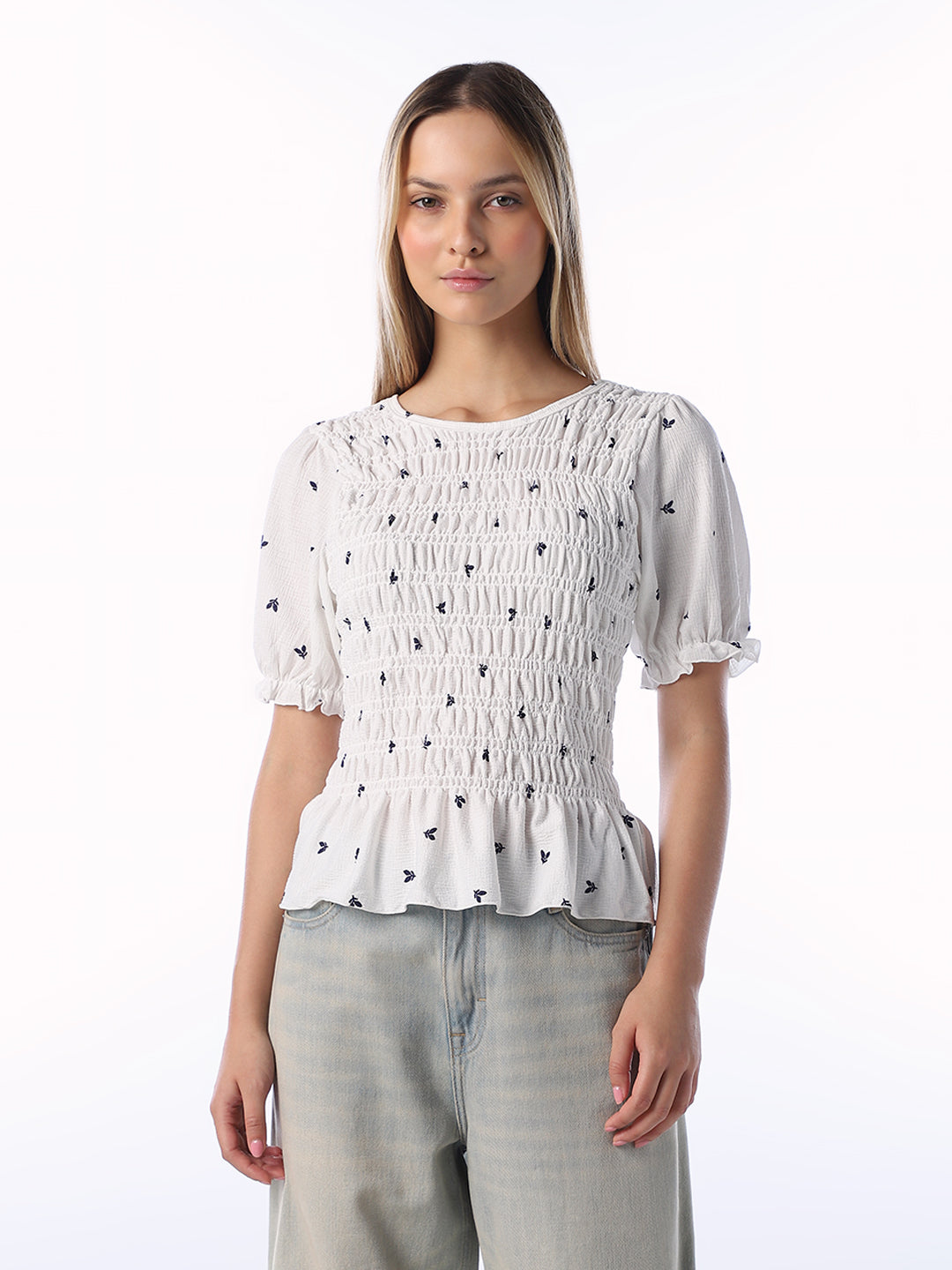 White Printed Smock Top