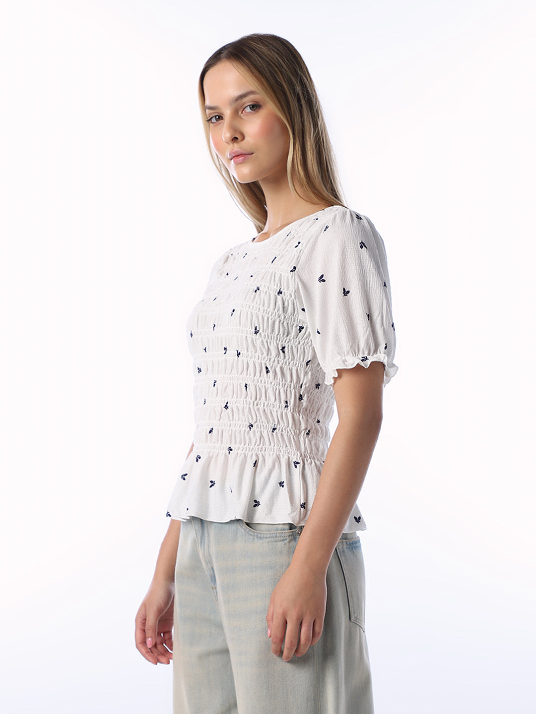 White Printed Smock Top