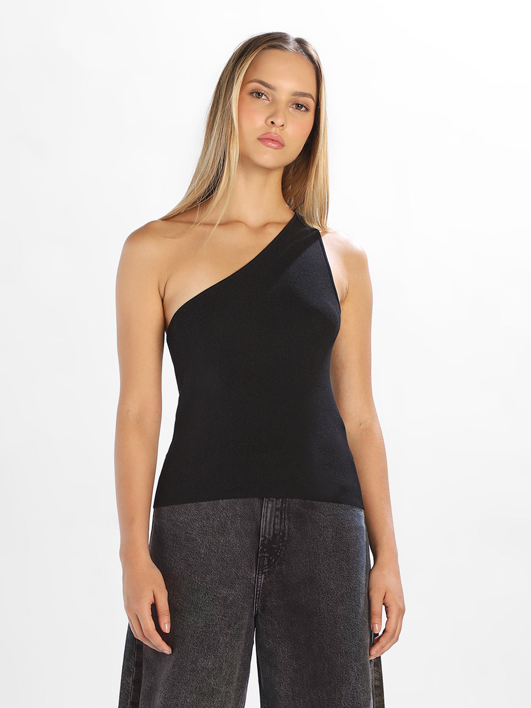 Black One Shoulder Ribbed Top