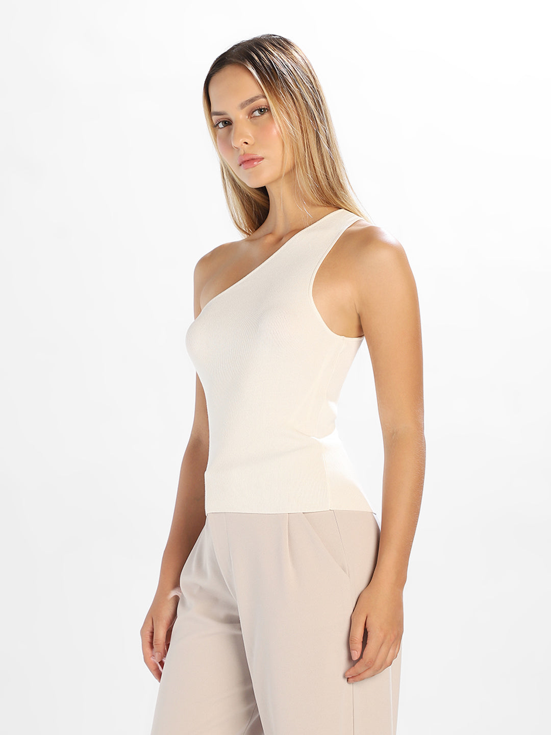 White One Shoulder Ribbed Top