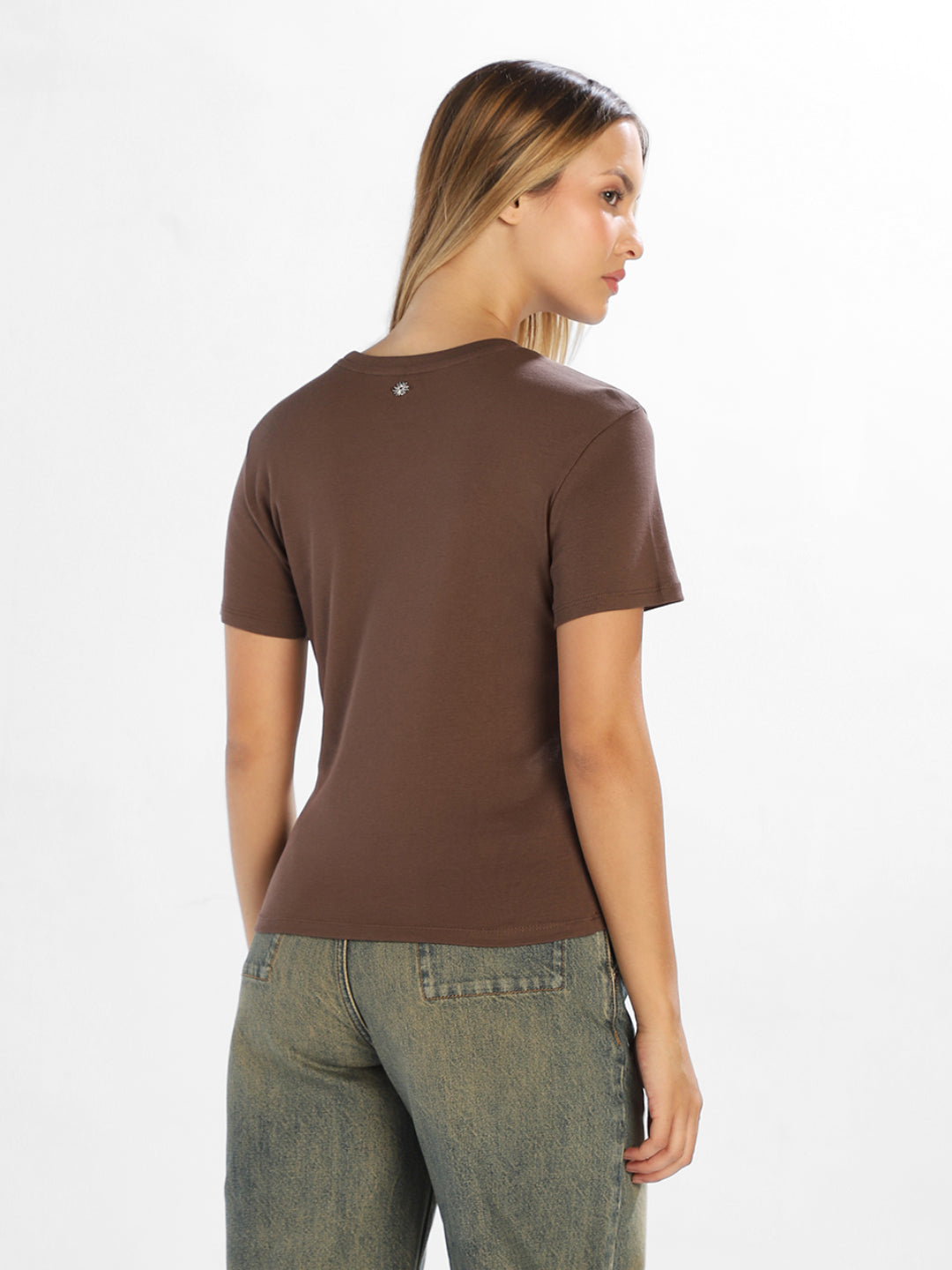Brown Embroidered O-Neck T-shirt