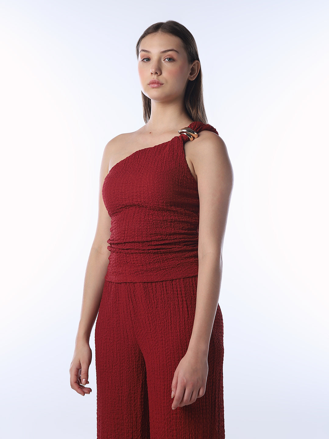 Red Crinkle Weave One Shoulder Top