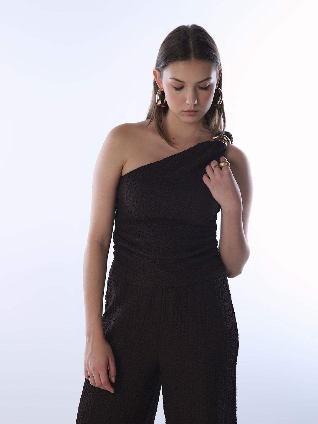 Brown Crinkle Weave One Shoulder Top