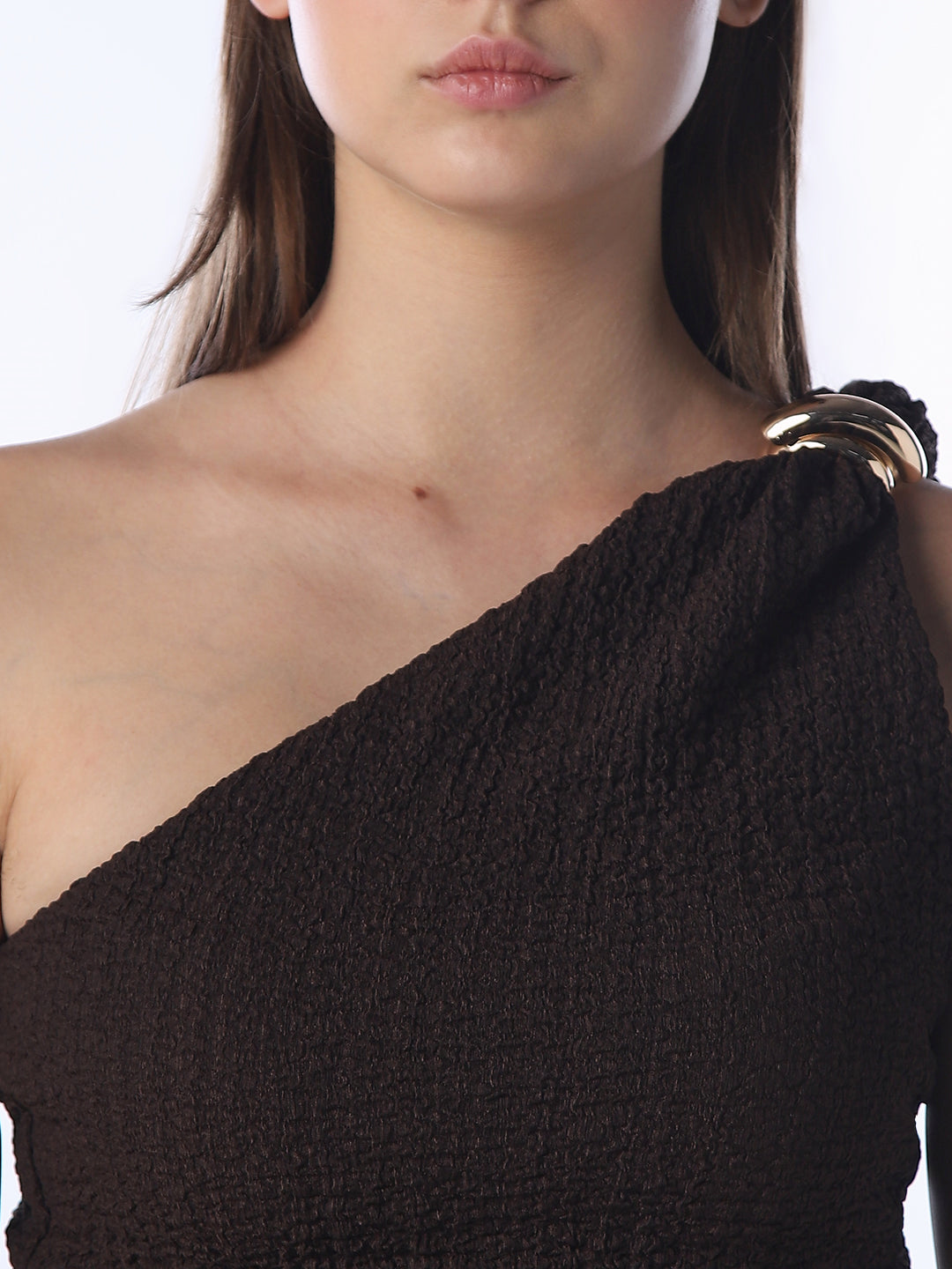 Brown Crinkle Weave One Shoulder Top